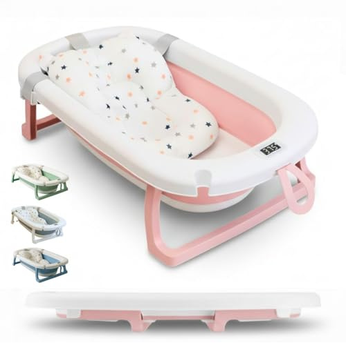 BATHBY | Bañera Plegable Bebé con Cojín + Termómetro + Patas Antideslizantes + Tapón de Seguridad para Bebé Recién Nacido, Diseño Plegable, Fácil de Guardar y Transportar, Rosa Patel