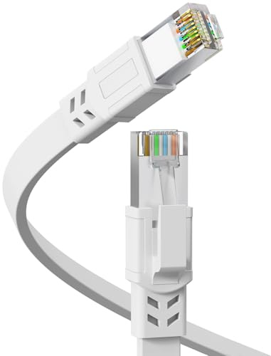Cat8 Ethernet Cable 1M, 40Gbps 2000MHz Heavy Duty High Speed Cat 8 LAN Network Cable, Outdoor&Indoor, RJ45 Flat Internet Patch Cord, Weatherproof S/FTP UV Resistant for Router/Modem/Gaming - White