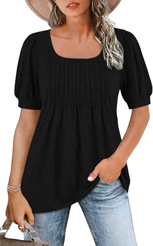 WNEEDU Tee Shirt Femme col Carré Tunique Femme Été T-Shirt Manches Courtes Chemise Fluide Plissée Hauts Chic Élegant Ample Top Noir L