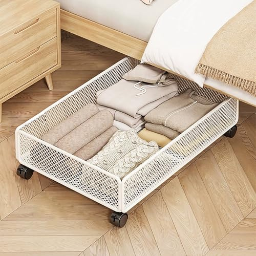 Contenitore Sottoletto con Ruote, Organizer per Scarpe Sottoletto, Cassetto in Metallo con Rete Traspirante, Contenitore Portaoggetti con Ruote Sottoletto, Divano e Scrivania(White,70cm/28in)