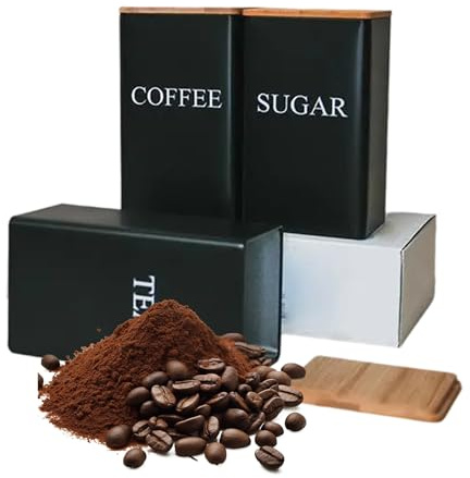 YONGYONGBUY Tea Coffee Sugar Canisters, 3 × 1000 ml, Metal with Bamboo Lids | Powder-coated steel with bamboo lids and clear labels; wipe-clean design for organised kitchen storage.