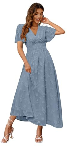 Simplee Women's Boho Floral V Neck Short Sleeve Formal Maxi Dress Summer Long Flowy Lace Bridesmaid Wedding Party Evening Dress (L Dusty Blue)