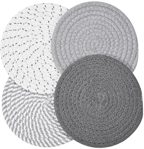 Szaboviktoria 4 Pezzi Proteggi Pentole, 18 cm Sottopentola, Sotto Pentola da Cucina, Proteggi Padelle, Tovagliette Rotonde, Sottobicchieri in Filo di Cotone, Adatto per Ciotole e Padelle, Grigio