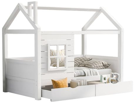 Billg Kinderbett Hausbett 90 x 200cm, Montessori Bodenbett mit Lattenrost und 2 Schubladen, Kinder Einzelbett Bettgestell aus Massivholz, Rausfallschutz Jugendbett, Weiß, Ohne Matratze