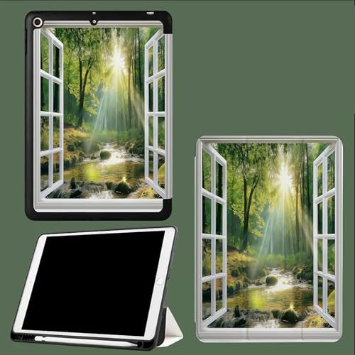 Stream Outside The Window Case for iPad Pro 11 Inch 2024 (5th Generation) with Pencil Holder, Slim Flexible TPU Back Shockproof Protective Cover, Auto Wake/Sleep Nature Jungle