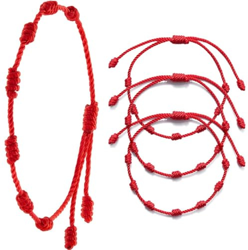 JEYORZY Lot de 4 bracelets rouges faits à la main - 7 nœuds - Protection réglable - Bracelet porte-bonheur tibétain - Bracelets tissés pour femmes, hommes, enfants et garçons