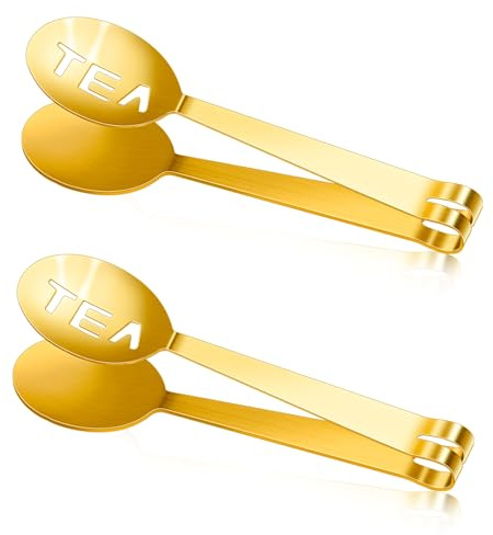 Lot de 2 presse-sachets de thé en acier inoxydable - Pince à filtre doré - Pince ronde pour saisir les feuilles mortes, les glaçons, le sucre et les tranches de citron, doré