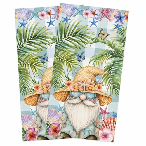 LiyanYenCng Kitchen Towels Tropical Dwarf Palm Tree Dish Towels-2 Pack,Highly Absorbent Tea Towel with Hanging Loop, Gnomes Sea Star on Green Plaid Soft Hand Towels for Drying and Cleaning Dishes