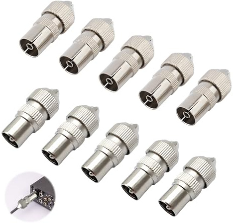 10 Stück TV Antennen Koaxial Stecker, 5 Koaxial Stecker und 5 Koax Buchse Antennen Koaxialkabel Adapter Antennenstecker Set Weiblich Männlich Koaxialkabel RF Antennenstecker für RF Kabel, Vernickelt