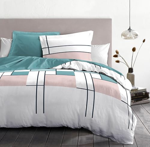HOME LINGE PASSION Parure de Couette 240x260 cm – 3 pièces – Percale de Coton Douce – Housse + taies – Blanc & Bleu Pastel – Modèle L'intrigante