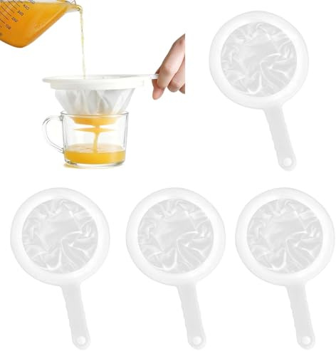 4 Stück Nylon Sieb Küche Filter Set, Feine Maschen 100/200/300/400, Hitzebeständig, Wiederverwendbar, Ideal für Milch, Saft, Kaffee, Sojamilch, Mit Griff zum Aufhängen