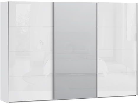 Forte SOPHISTISPACE Kleiderschrank 300, moderner Schwebetürenschrank, 3-türig, Einlegeböden, Kleiderstangen, Spiegel, Holzwerkstoff, Weiß/Weiß Glanz, 299,8 cm breit x 210,5 cm hoch x 62,9 cm tief