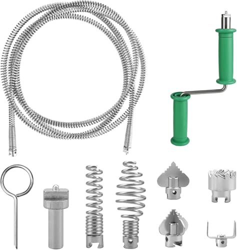 Drain Snake Unblocker 3 m, with 6 Pieces Drain Cleaner Cutting Head and 1 Manual Adapters, Plumbing Snake, Spiral Diameter 12 mm, Sink Unblocker Tool Drain Unblocker Tool for Bathroom,Kitchen,Sewer