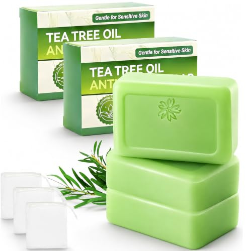 Lot de 3 savons à l’huile d’arbre à thé – Savon purifiant visage et corps pour peaux à imperfections, nettoyage en profondeur, contrôle du sébum, parfum frais