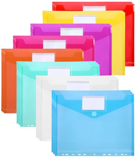 24 Piezas Carpetas Plastico A4, 8 Colores Carpeta Fundas Plastico A4, Carpeta Sobre Con 11 Agujeros y Cierre a Presión Con Solapa, Ideal Para Guardar y Organizar Documentos