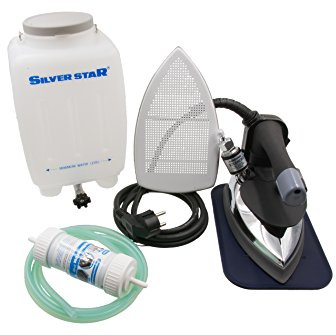 Silver Star ES-300 220 Volt Gravity-Fed Steam Iron - Hanging Bottle Gravity Feed Steam Iron with Non-Stick Laminate Sole Plate, Demineralizer Cartridge & Silicone Iron Rest