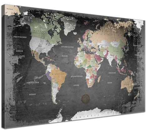 Stilvolle Pinnwand Weltkarte - Graphit - Deutsch in 80 x 60 cm, stabile Rückwand zum Pinnen inkl. Starterkit - Leinwand-Kunstdruck Wandbild Landkarte XXL