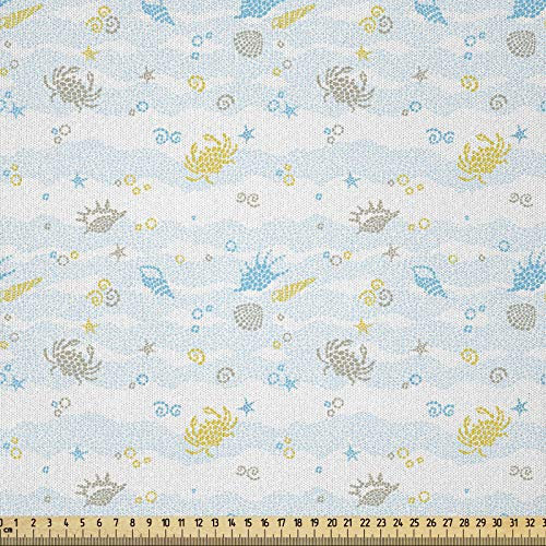ABAKUHAUS maritim Stoff als Meterware, Krabben und Muscheln, Microfaser Multi Zweck Dekostoff für Kunsthandwerke, 3M (230x300cm), Gelb und Blau