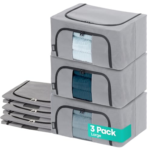 LIVIVO Set of 3 Storage Bags Boxes Organiser Double Opening Zips Clear Windows – Great for Storing Duvets Blankets, Bedding, Clothes Towels, Sweaters Toys - 24L Under Bed Closet Wardrobe Box