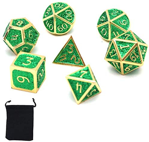 DollaTek Set med 7 st polyedriska tärningar i metall med svart förvaringsväska för rollspel spel fängelsehålor och drakar D&D matematikundervisning (glänsande djupgrön)