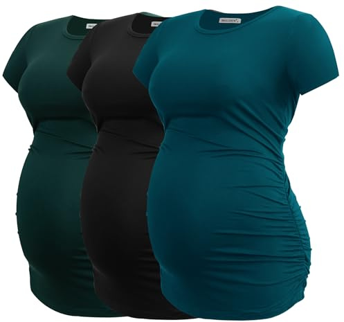 Smallshow Women's Maternity Shirt Side Ruched Tunic Pregnancy Top Clothes 3-Pack Black/Deep Green/Teal Large