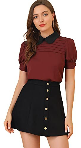Allegra K Women's Vintage Peter Pan Collar Contrast Puff Short Sleeve Blouse Top Medium Burgundy