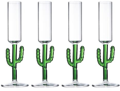 Kaktus-Schnapsgläser, 70 ml, Kaktus-Geschenke – Set mit 4 Stück, grüne Farbige Glasfiguren, Pflanzendekorationen – Schnapsglas, Cocktailgläser, Hochzeitspartygläser, 4.4 cm hoch, mundgeblasen