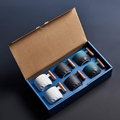 BlogBlog Tasses en céramique à expresso avec poignée en bois - Tasses à expresso - Tasses à thé en céramique - Demi-tasses en porcelaine pour café ou thé, 85 ml (Noir & Bleu & Blanc, 6)