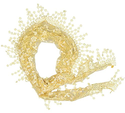 JK Home Lace Tassel Sheer Floral Triangle Scarf, Trendy Silk Gauze Embroidered Veil Church Wedding Wrap Scarf Fringe Head Cover 140x40cm Yellow
