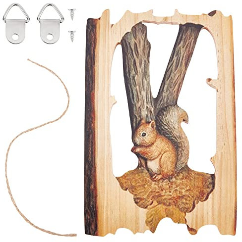 CREATCABIN Écureuil Animal Bois Sculpté Artisanat Tenture Murale Signe Art Plaque Bois Ornement Figure Statue Rustique Ferme Ferme Cour Décor Maison Cadeaux pour Noël Anniversaire Famille