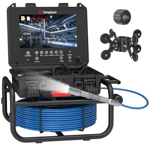Sanyipace Sewer Inspection Camera, Drain Camera with Distance Counter, 9 Pipe Industrial Endoscope with DVR & Audio Recorder, FHD 1080P Sewer Camera with 12 LED Lights and 5X Zoom, 165FT/50M