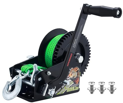 OPENROAD 3500LB Boat Trailer Winch - 32FT Green Strap, Heavy Duty Hand Winch with 2-Way Ratchet 4:1/8:1 Gear - Effortlessly Tow Boat,Trailer, RV, ATV, and Jet Ski - Includes Installation Screws