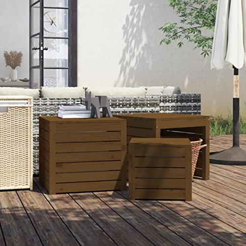 Homgoday 3-TLG. Gartenbox Kissenbox mit Stauraum Holztruhe mit Deckel Garten Auflagenbox Gartentruhe Gartenkiste Auflagentruhe für Balkon Garten Terrasse Honigbraun Massivholz Kiefer