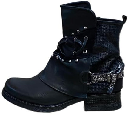 Damen Stiefeletten Biker Boots - Stiefel mit Nieten Blockabsatz - bequeme Herbst Winter Frauen Schuhe Schnallen ST07 Schwarz 42