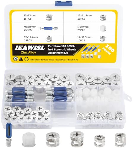 IEAWISL 100PCS Cam Lock Assortment with Four Sizes of Cam Lock Nuts, Including Connecting Bolts and Cross Dowel Nuts, Furniture Connecter Fittings for Cabinet, Wardrobe, Flat Pack DIY