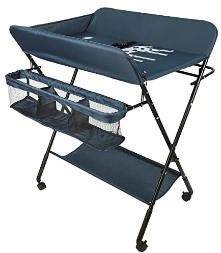 Belfoyer Wickeltisch, faltbar und tragbar, Wickeltisch mit 4 Rollen, tragbare Wickelstation, 80 x 66 x 92-98 cm (dunkelblau)