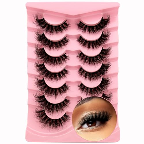 7 Paare 3D Falsche Wimpern Katzenauge, Flauschiges Volumen Curly Cat-Eye Künstliche Wimpern Natürlich Look, Wiederverwendbar Handgemacht Faux Mink Make-up-Wimpern(7P-HR-Z19)
