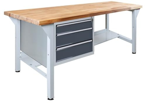 Steinbock Werkbank mit 3 Schubladen | 500 kg Tragkraft | HxBxT 85 x 150 x 75 cm | Anthrazitgrau | 5 cm Starke geölte Massivholz-Arbeitsplatte | stabiles Stahlgestell | Made in EU | Werktisch