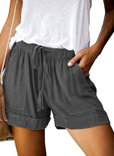 comefohome Shorts Womens UK Summer Drawstring Cotton Elastic Waist Solid Color Casual Shorts with Pockets HS Dark Grey L