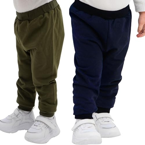 100 % bomull babybyxor barnbyxor | 2-pack lediga sweatpants mjuka och bekväma babykläder för pojkar och flickor, Marinblå – khaki, 1-4 Jahre