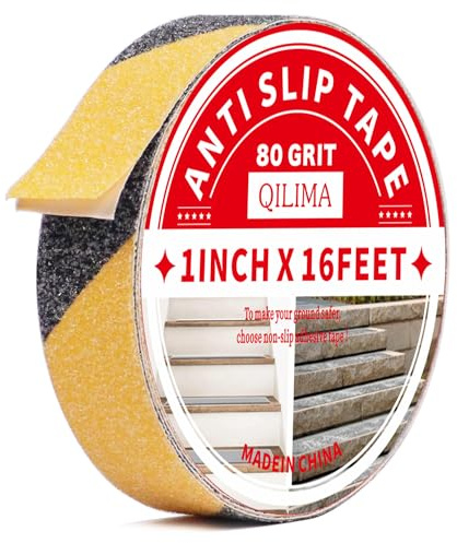 QILIMA Ruban Antidérapant Jaune/Noir 2.5cmx5m, Bande Haute Traction Étanche | Grip antidérapant étanche et tout temps. Fixation forte et rapide sur carrelage ou bois pour sécuriser escalier et famille