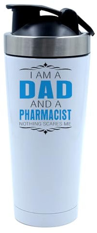 I Am a Dad And a Pharmacist, Gift For Fathers Day, 500ml Aluminium Shaker Bottle for Supplement Shakes - Easy Clean, Durable Cup. (White)