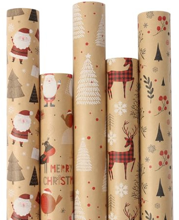 Weihnachtsgeschenkpapier - 5x 3M Rolle Weihnachtsgeschenkpapierrolle für Geschenkboxen Geschenkverpackung Weihnachtsdekoration (43 x 15M) (Natural Kraft)