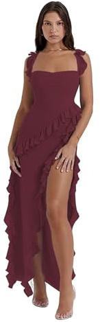 GETMINT Vestido largo entallado con tirantes delgados y abertura alta para mujer, cuello cuadrado, espalda descubierta, vestido de fiesta, club, vestido de noche