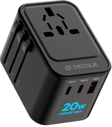 decqle Adattatore Universale da Viaggio, Presa Universale da Viaggio con 2 USB-C(PD 20W) e 1 USB-A e 1 AC, Adattatore da Viaggio Italia Inghilterra Germania America Australia e 224+ Paese(nero)