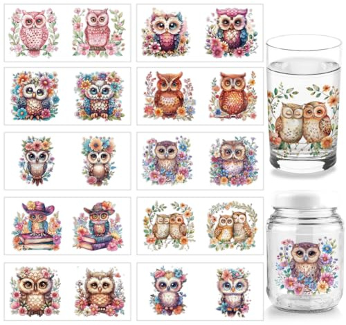 arricraft 10 Blatt UV DTF Becherfolie Mit Eulenmotiv Für 16 Unzen Gläser Blumen Bücher Vögel Abziehbilder Zum Aufreiben Tiermotiv PVC Transferaufkleber Für Selbstgemachte Tassen Flaschen