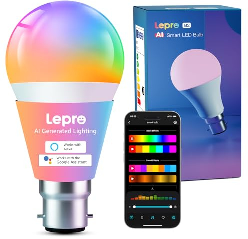 Lepro B22 AI Smart Bulb, 1100lm WiFi Light Bulb, App & Voice Control,10W(75W), Colour Changing, 2700K-5700K, Dimmable & Timer, Music Sync, Works with Alexa & Google Assistant