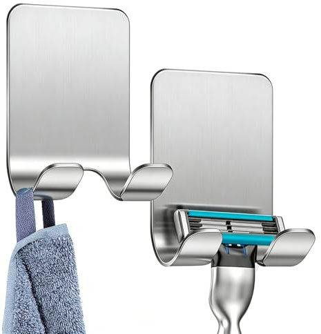 Tashce 2 Stück Rasierer Halterung Dusche, Selbstklebend Haken, Ohne Bohren | Silberner Edelstahl Rasierhalter, Klebehaken & Aufhänger, Geeignet für Tür, Wand, Badezimmer und Büro