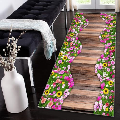 Siunwdiy 3D Teppich Läufer Flur Küche Rutschfest Waschbar Bunter Grün Blumenmuster Brücken Teppichläufer Korridor Teppich Wald Küchenläufer Lang 120x200cm Flurteppich Küchenteppich Meterware Anpassbar