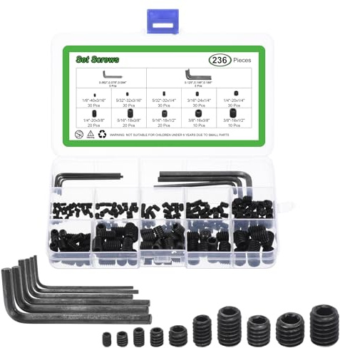 sourcing map Socket Set Grub Screws,230PCS 1/8x3/16 to 3/8x1/2- Carbon Steel Hex Socket Cup Point Allen Screws with Hex Wrenches for Repairing Door Handles, Faucet (Black)
